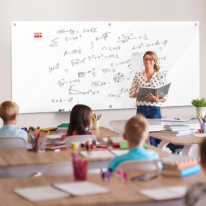 MaxGear 96" x 48" Glass Whiteboard Wall Mounted for Office Home Classroom | Magnetic Glass Dry Erase Board, Tempered Glass, Steel Backed, Non-Porous Surface, Frameless Design, Hardware Included