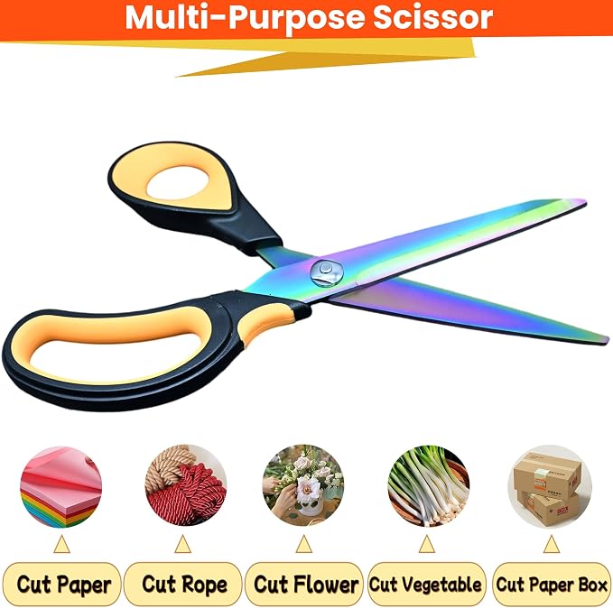 Multi-Purpose Scissors, 9.5" Sharp Sewing Scissors, Professional Heavy Duty Titanium Coating Forged Stainless Steel Shears for Fabric Leather, Dressmaking, Tailoring, Home, Office & School