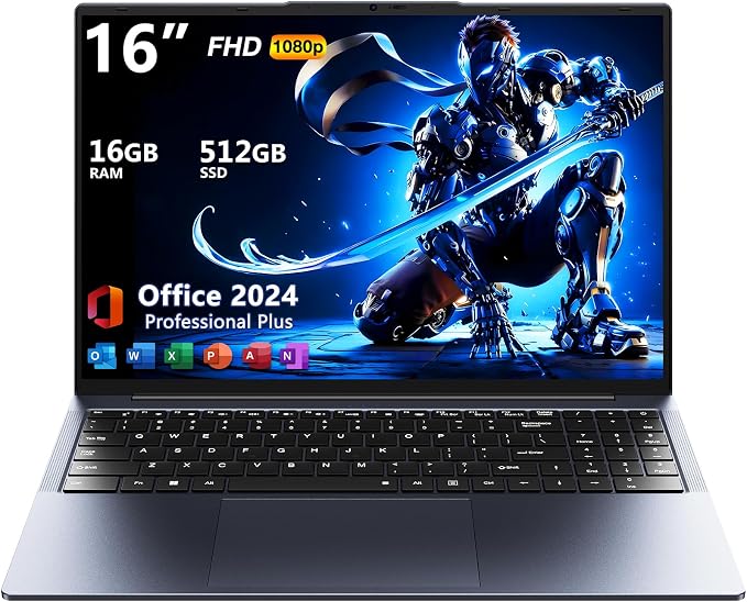 16" Core i5 Laptop, 16GB RAM, 512GB SSD, MS Office 2024, IPS(1920 x 1200) 16:10 Display, Win 11 Pro Notebook Computer with BT5.0 Wi-Fi, 3xUSB A, HDMI, RJ45, Backlit Keyboard, Space Grey