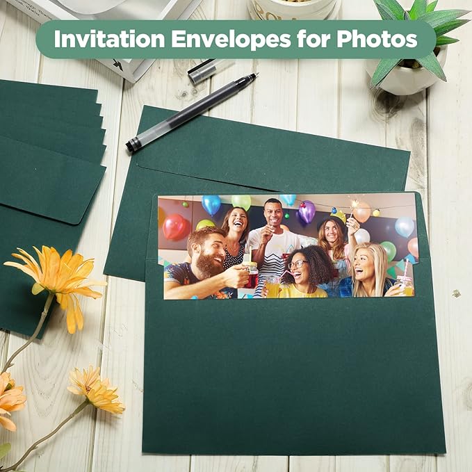 Harloon 100 Pcs A9 Invitation Envelopes 5.75 x 8.75 Inch Self Adhesive Wedding Invitation Envelopes Paper Greeting Card Envelope for Photos Letters Baby Shower Office 110 Gsm Paper(Dark Green)