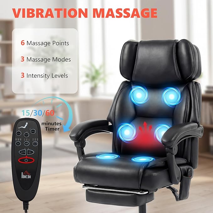 HOMCOM Massage Office Chair with Lumbar Heat, Ergonomic Executive Desk Chair with Adjustable Headrest, 6 Points Vibration, High Back, Reclining, Padded Armrests, Footrest, PU Leather, Black