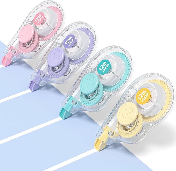 Four Candies White Correction Tape, 39.4 ft, 4 Pack Smooth Pull-Out Tape | Easy to Use Applicator for Instant Corrections, Tear-Resistant, Smooth & Quick-Drying Tape for Office & School Supplies
