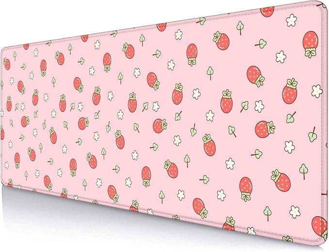 Pink Cute Desk Mat, Strawberries Mouse Pad XL, Aesthetic Hearts Desk Pad, Pastel Kawaii Deskmat, Laptop Office Gaming Computer Home Mice Mat Mousepad Stylish Office Gift, 31.5 X 11.8 Inch