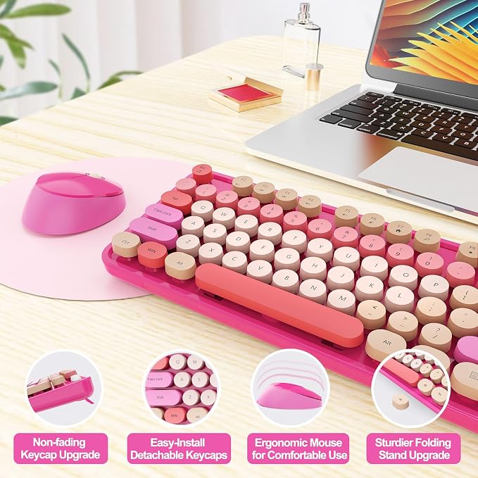 SkyGive Wireless Keyboard and Mouse Combo, Ergonomic Full Size Typewriter Retro Round Keycaps Keyboard, Compatible with Windows, PC, Perfer for Home and Office Keyboards （Red）