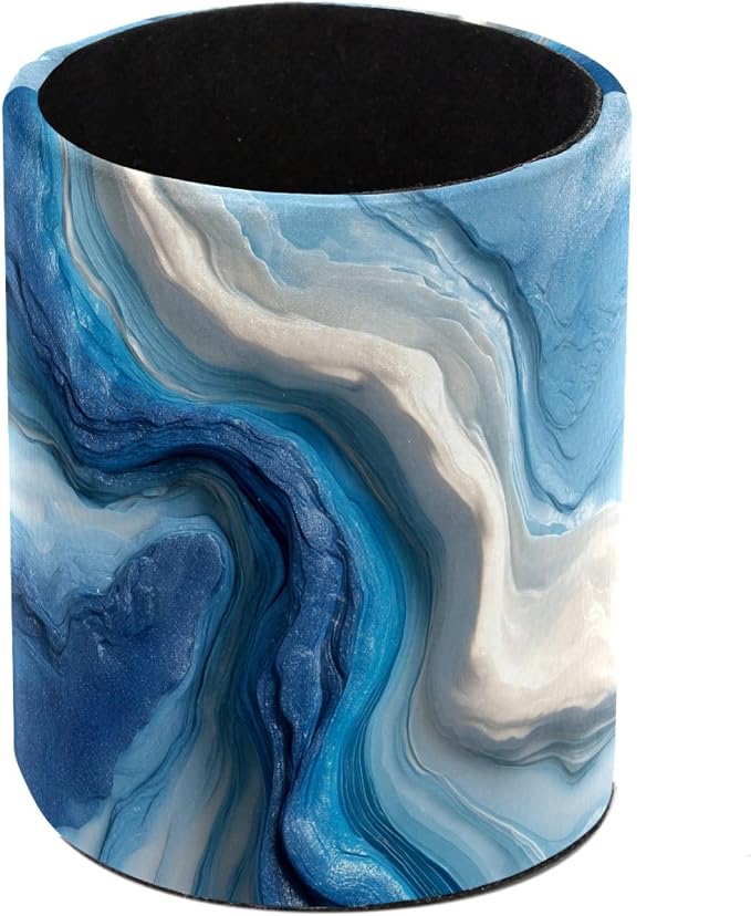 Leather Pen Holder for Desk, Blue and White Texture Pencil Cup Pen Organizer Makeup Brush Holder for Office Home Kids Countertop Desk Accessory Storage