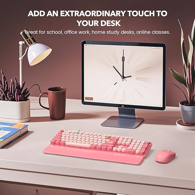 Wireless Keyboard and Mouse Combo, Cute Full-Size Retro Typewriter Keyboard with Round Keycaps, Magnetic Wrist Rest, Tilt Legs, 2.4GHz Cordless for Mac, Windows PC, Laptop, SABLUTE CK23, Baby Pink