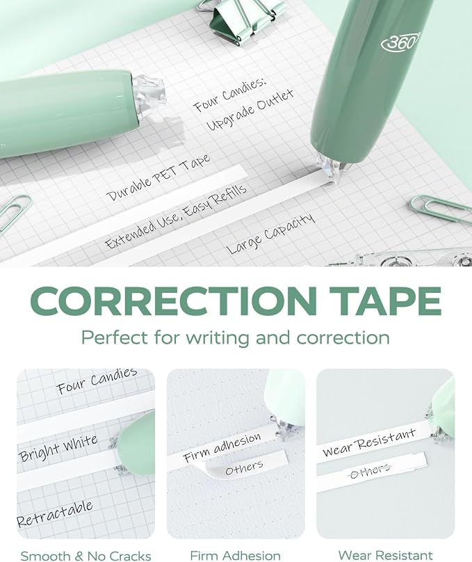 Four Candies Refillable Correction Tape, 4PCS White Tape with 4 Refills | Smooth White Pull-Out Tape for Instant Corrections, Easy to Use Applicator for Office, School Supplies (Green)