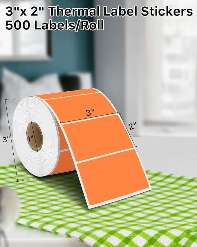 iEager 3" x 2" Thermal Labels, Rectangle Thermal Printer Stickers, Self-Adhesive Durable Sticker with Perforation Line, 500 Labels/Roll, Orange