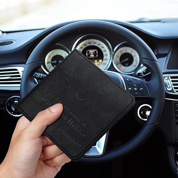 Car Registration & Insurance Card Holder Leather Auto Glove Box Organizer Document Wallet with Magnetic Shut (Black, Small)