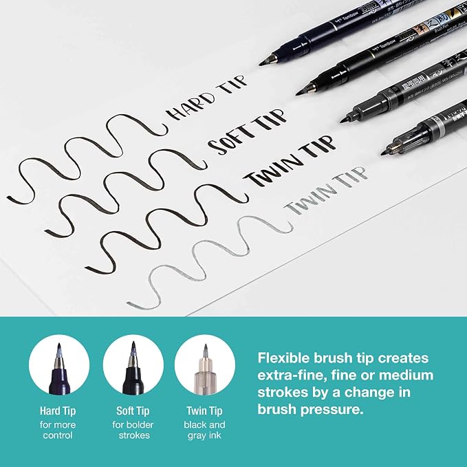 Tombow 62039 Fudenosuke Brush Pens, 3-Pack. Soft, Hard, and Twin Tip Markers for Calligraphy and Art Drawings