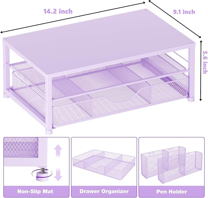 Desk Organizer and Accessories, 2-Tier Computer Monitor Stand Riser with Drawer and 2 Pen Holders, Laptop Stand, Office Desk Accessories for Office Supplies, 1 Pack, Purple
