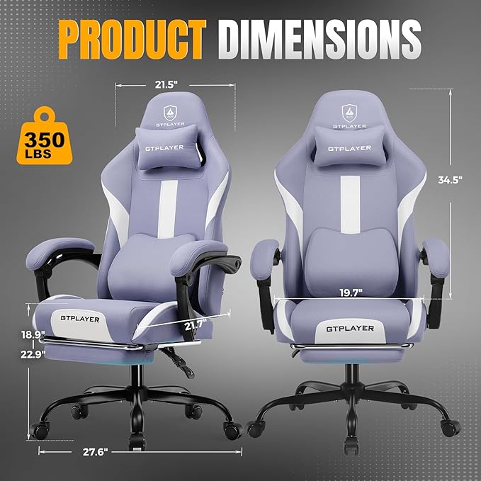 GTPLAYER Gaming Chair with Foot Rest & Pocket Spring Cushion, Breathable Fabric for Home Office Desk, Ergonomic High Back Computer Chair with Headrest & Lumbar Support, Lavender Purple