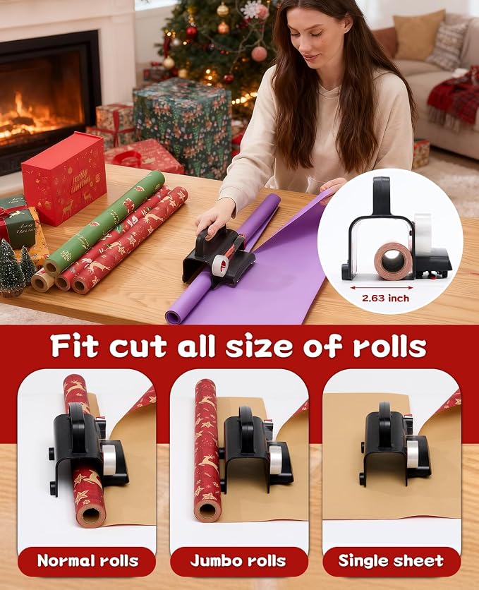2-Pack Wrapping Paper Cutter with Wheels & Tape Dispenser - Gift Wrap Tool Kit with Replaceable Blades for Christmas, Birthday - Safe, Efficient, and Precise Cutting