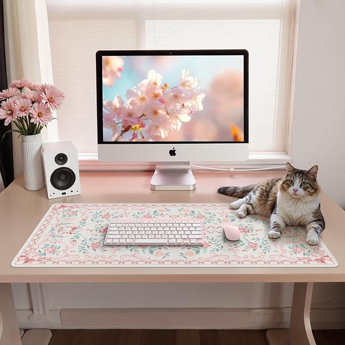 iCasso Aesthetic Desk Mat for Desktop,Cute Desk Pad for Women,Pink | Girly Bow Mouse Pad with Stitched Edges,Non-Slip Large Computer Mat for Home Office Study Gaming