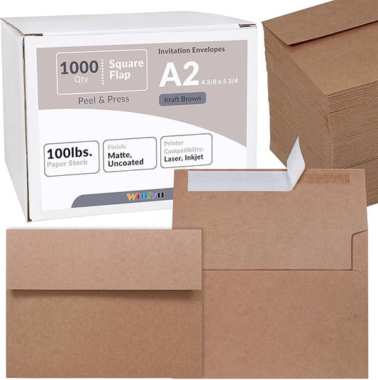 1000 Pcs A2 Invitation Envelopes in Kraft Brown Peel & Press Self Seal 4 3/8 x 5 3/4 Square Flap Envelopes RSVP Return Envelopes 100lb. for Announcement Mailing 4x5 Greeting Cards Photo 1/4 Fold Cards