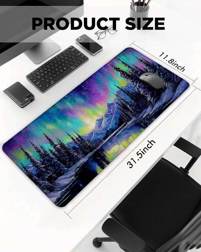Mouse Pad, Desk Mat, 31.5x11.8in Large Mousepad, Aurora | Desk Pad with Stitched Edge & Rubber Non-Slip Bottom, Gaming Mouse Pad, Extended Mousepad for Home, Office