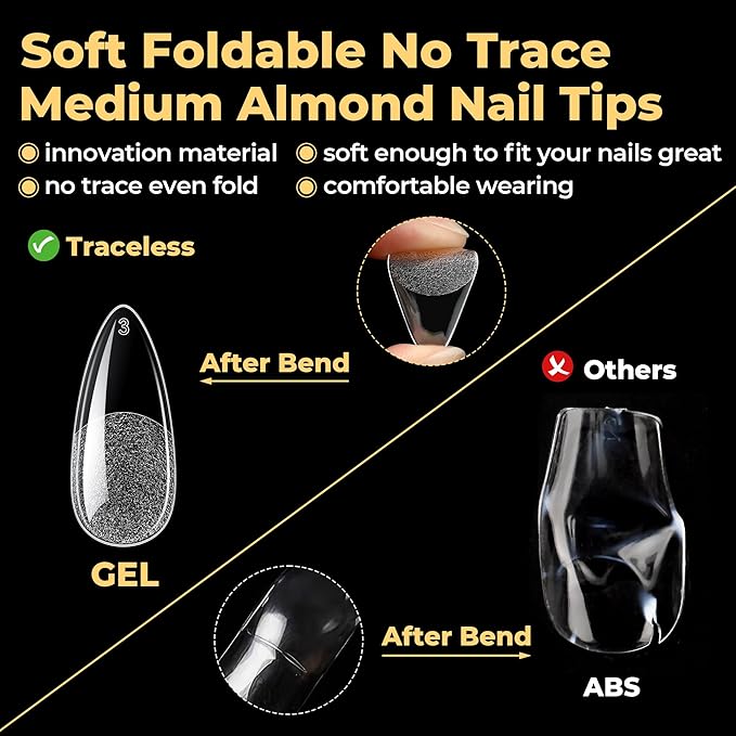 UNA GELLA Medium Almond Nail Tips, Almond Gel Nail Tips, 240pcs Pre Etched Soft Gel Full Cover Press on Clear Acrylic Fake Nails for Nails Extensions No C Curve DIY Salon at Home 12 Sizes