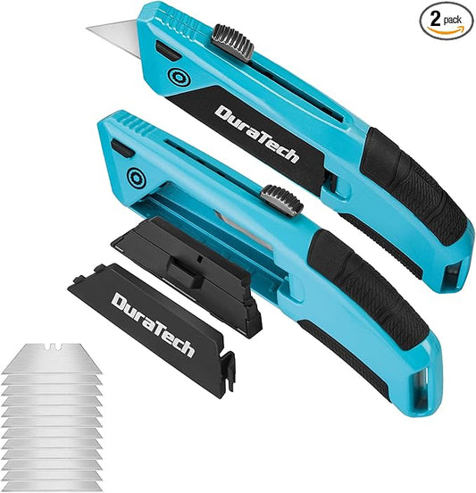 DURATECH 2PCS Auto-Loading Utility Knife Set, Heavy Duty Retractable Box Cutter with 6 Preloaded SK5 Blades, Quick-Change Razor Knife with Comfortable Handle for Cardboard, Carpet, Rope, DIY