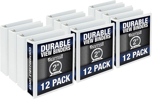 Samsill Durable 2 Inch Binder, Round Ring Customizable Clear View Binder, Black, 12 Pack