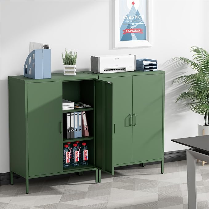 Washsemba Metal Storage Cabinet with Doors and Shelves,Multipurpose Storage Rack, 3-Tier Shelf,Metal Locker Style Accent Cabinet for Home Office,Living Room,Kitchen (Forest Green, 40''H)