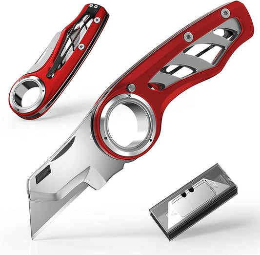 Folding Utility Knife Pocket Knife, Heavy-Duty Box Cutter with Aluminum Body, Quick Change Blades, Anti Slip Finger Loop, Box Cutter for Home, Office, Warehouse, Durable Razor Knife, Box Knife - Red