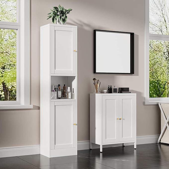Bevivog Metal Bathroom Floor Storage Cabinet, Small Storage Sideboard with 2 Doors and 2 Adjustable Shelves, 12" Small Cabinets White Freestanding Locker for Entryway, Living Room, Hallway