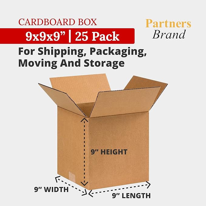 PARTNERS BRAND 9x9x9 Corrugated Boxes, Small, 9L x 9W x 9H, Pack of 25 | Shipping, Packaging, Moving, Storage Box for Home or Business, Strong Wholesale Bulk Boxes