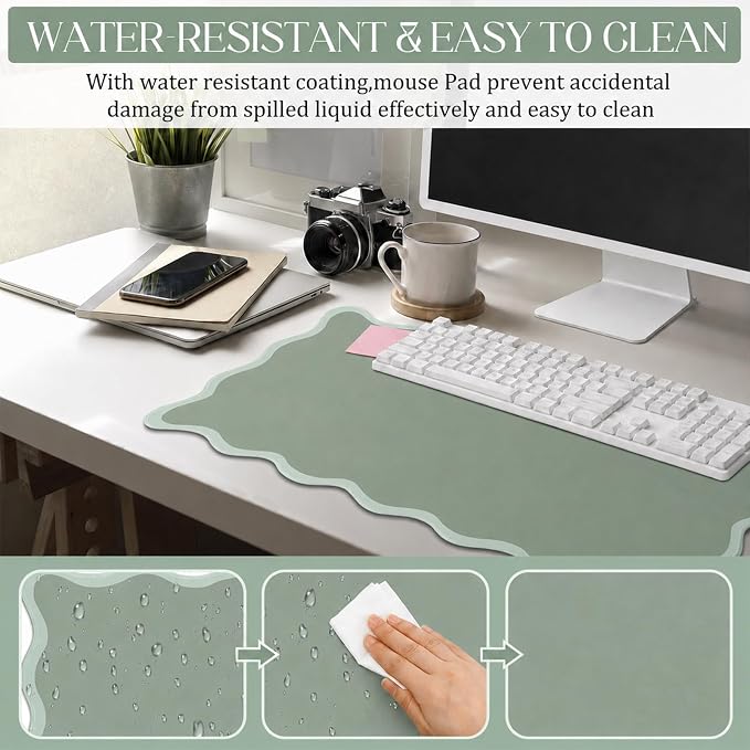Hahafelt Scalloped Desk Mat Waterproof,Antique Green,31.5 X 15.8 Inches | Coquette Preppy Style for School Office Makeup Vanity, Nonslip Gaming Desktop Protector with Scalloped Stitched Edge Mat