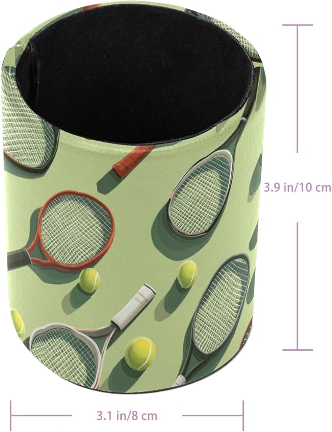 Leather Pen Holder for Desk, Tennis Balls Racket Painted Pencil Cup Pen Organizer Makeup Brush Holder for Office Home Kids Countertop Desk Accessory Storage