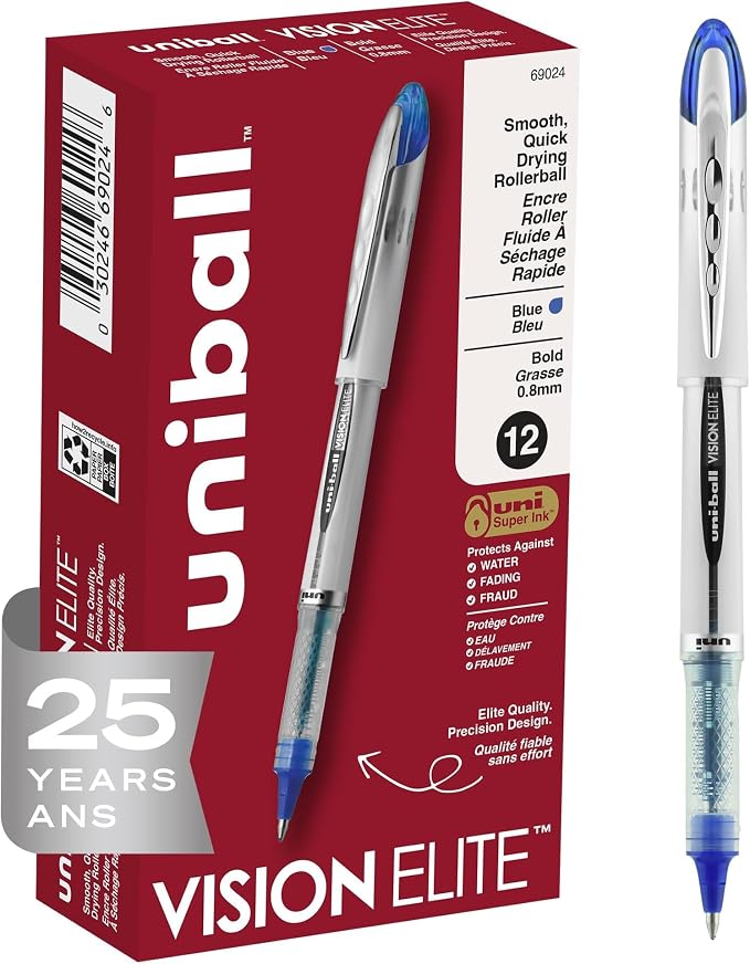 uniball Vision Elite Rollerball Pens,Bold Point (0.8mm),Blue,12 Count (Pack of 12)