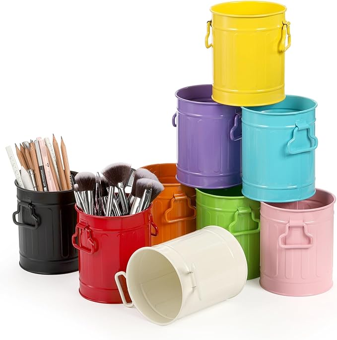 9 Pack Metal Pen Holder, Mini Pencil Bucket with Handle, Desktop Pencil Cup Makeup Brush Organizer, Desk Colorful Small Pails, Stationary Supplies Container for Office Classroom School Crafts