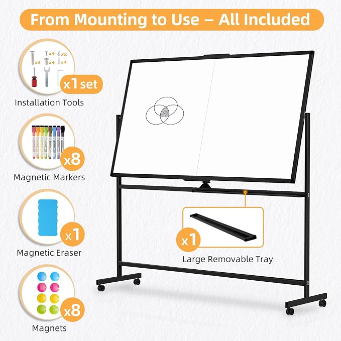 Rolling Dry Erase Whiteboard Stand, 48" x 36" White Board on Wheels Black | Double-Sided Reversible, 4 x 3 ft, Mobile Standing Whiteboards, Portable Magnetic Board, for Office School Home