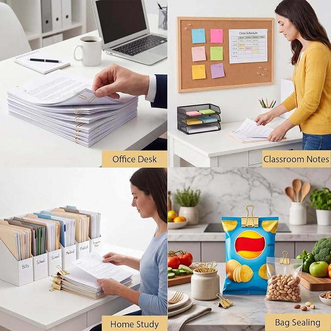 BESARME Gold Paper Clips, Binder Clips & Push Pins Set, 279 PCS | Assorted sizes, back to school supplies, reusable metal clips, 6-compartment organizer box, for office, school and home use