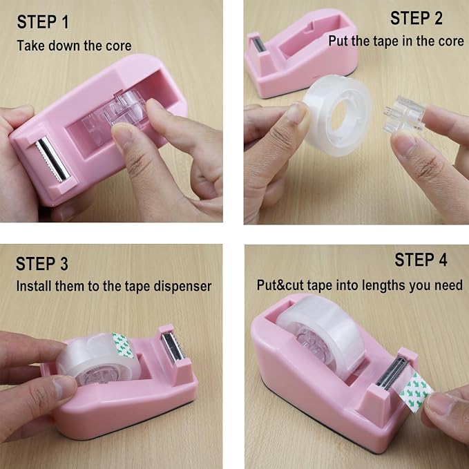 Desktop Tape Dispenser,1 Pack Pink Tape Dispensers with 12Rolls Transparent Tape, for Packaging in Office,Restaurant, Flower Shop,Cake Shop (Pink)