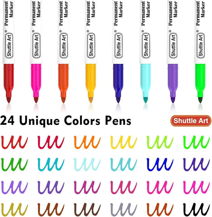 Shuttle Art Permanent Markers, 24 Colors Fine Point Assorted Colors Permanent Marker Set, Works on Plastic,Wood,Stone,Metal and Glass for Doodling, Coloring, Marking