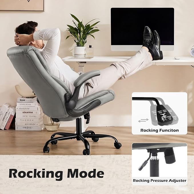 DUMOS Office Chair, Leather Ergonomic Chair Lumbar Support, Grey | Ergonomic Executive Computer Desk, Flip-up Armrest Swivel Task, Strong Metal Base, Modern Comfy