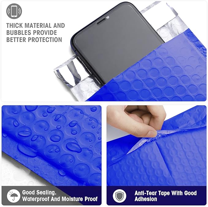 Metronic Bubble Mailers 4x8 Inch 50 Pack Royal Blue Waterproof Padded Envelopes Usable Size 4x7 Self Seal Adhesive Bubble Envelopes Padded Mailers for Small Business Shipping Envelopes for Jewelry