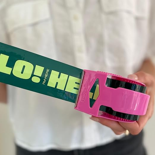 Decorative Packing Tape with Pink Dispenser – Hello! I'm Here, Dark Green Mint, 1.88" x 22.2 Yards – Cute Printed Shipping Tape for Gifts, Small Business Essentials, and Mailers