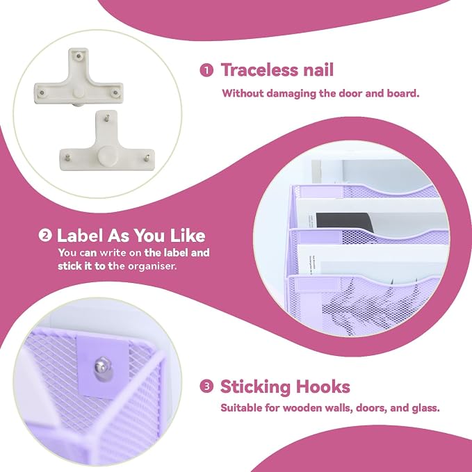 8 Pockets Mesh Wall File Holder Organizer Office Hanging File Folder Magazine Rack, Nametag Label Hooks Set Included (Purple)