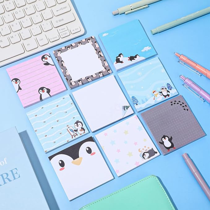 9 Pads Penguin Sticky Notes, 3x3 Inch Cute Stick Notepads | Adhesive Memo Notes Pad, Coworker Gifts, Office Supplies Decor, Desk Accessories for Students, Teacher, Meeting