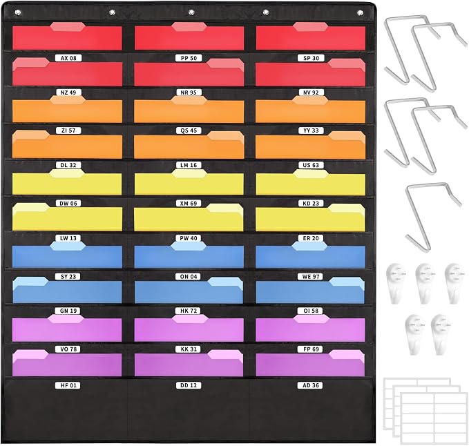 SUNEE 30 Pockets Hanging Wall File Organizer, Black Storage Pocket Chart for File Folder and Paper, Space Saver for Office and Classroom, with Wall Hangers, Over The Door Hooks, Labels