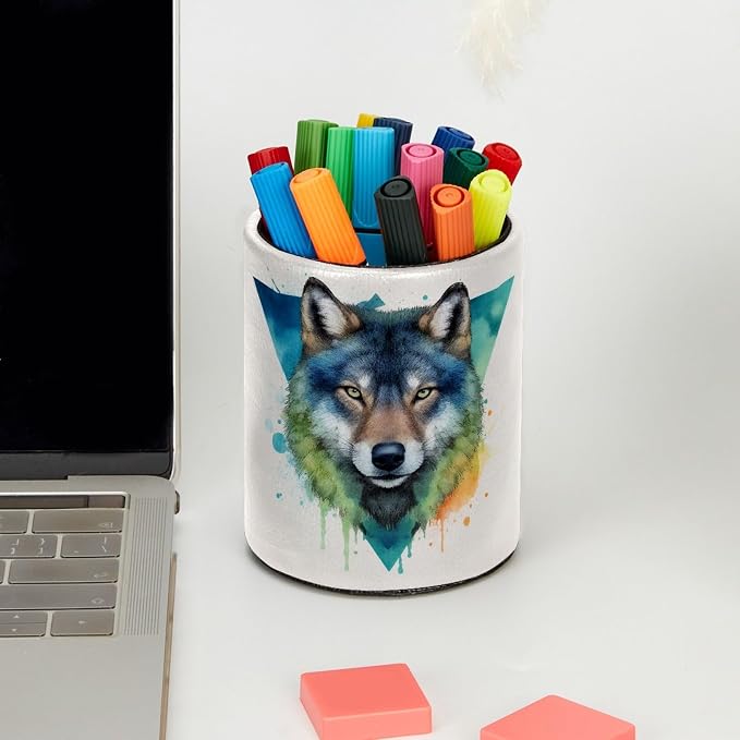 Leather Pen Holder for Desk, Watercolor Wolf Pencil Cup Pen Organizer Makeup Brush Holder for Office Home Kids Countertop Desk Accessory Storage
