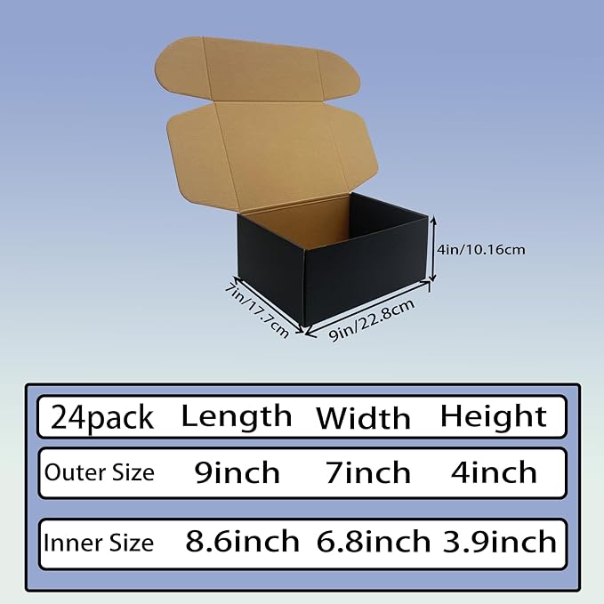 24 Pack 9x7x4 inches Black Shipping Boxes, Corrugated Mailer Boxes, Packaging Boxes for Products, Recyclable Cardboard Box, Flat Literature Mailers for Gifts, Small Business by Mailing