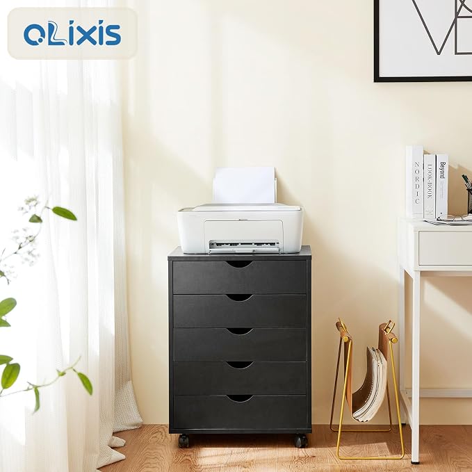 OLIXIS 5 Drawer File Cabinet with Wheels, Under Desk Storage Printer Stand | 15.75"D x 18.74"W x 25.39"H, Holds Printer, Office Supplies, Not For Hanging Files, For Home Office Study Use Balck