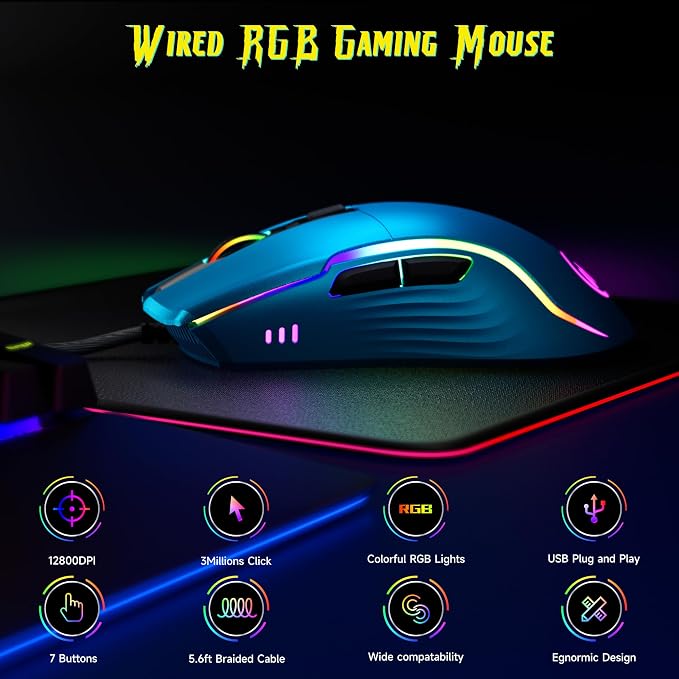 memzuoix Wired Gaming Mouse with RGB - 6 Adjustable DPI up to 12800, 6 Buttons, 12 Lighting Modes, Ergonomic Design with Anti-Slip Rubber Wheel, 5.6ft Braided Cable for PC/Mac/Windows - Blue
