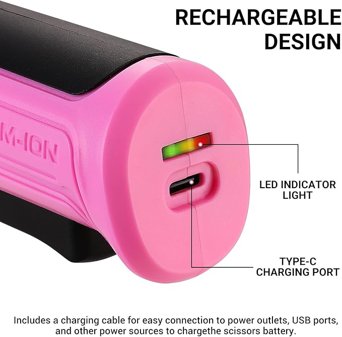 Cordless Electric Scissors Cardboard Cutter: DEKOPRO 4V 2000mAh Electric Box Cutter, Rechargeable Power Rotary Cutter with Safety Lock, 389g Carpet Cutter with 2 Blade, Type-C Charging(Pink)