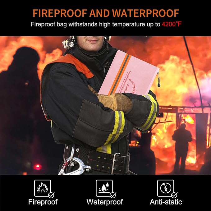 JUNDUN Fireproof Document Bag,14.2”x 10.0”Waterproof and Fireproof Money Bag with Aluminum Foil Lining,Fireproof Safe Storage Pouch with Zipper for Document and Cash,Pink