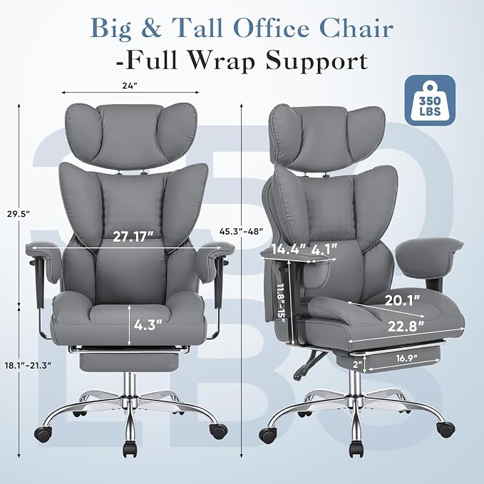 Big and Tall Office Chair 350 LBS, Scratch-Resistant PU Leather Executive Office Desk Chair with Footrest, Ergonomic Reclining Computer Chair with Pocket Spring Support for Home Office, Grey