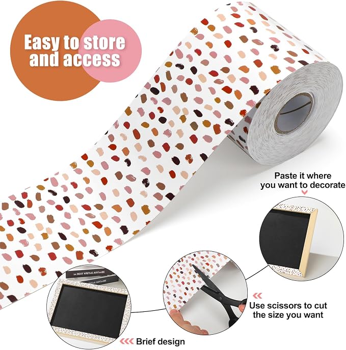 Zonon 65 Feet Bulletin Board Borders Boho Dots Trim for Classroom | White with Colorful Dots, Straight Edge Design, Ideal for Classroom Bulletin Boards, Back to School Decoration