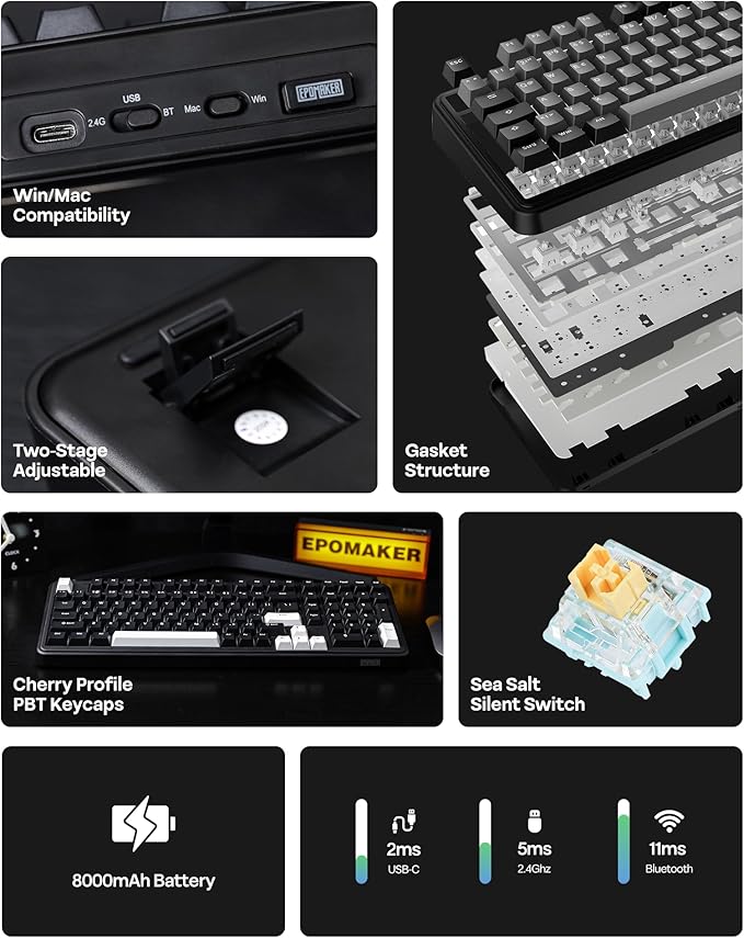 EPOMAKER TH99 Tri-Mode Wireless Mechanical Keyboard with 8000mAh Battery, Hot Swappable Custom RGB Gaming Keyboard with Numpad, Gasket Creamy for PC/Mac/Office (Black, Sea Salt Silent)